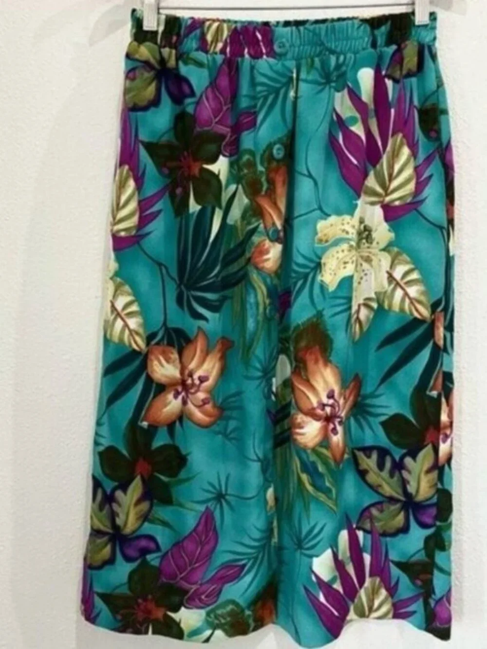 Vintage Mod Colorful Tropical Midi Skirt Retro Stretch Kitschy Button Front